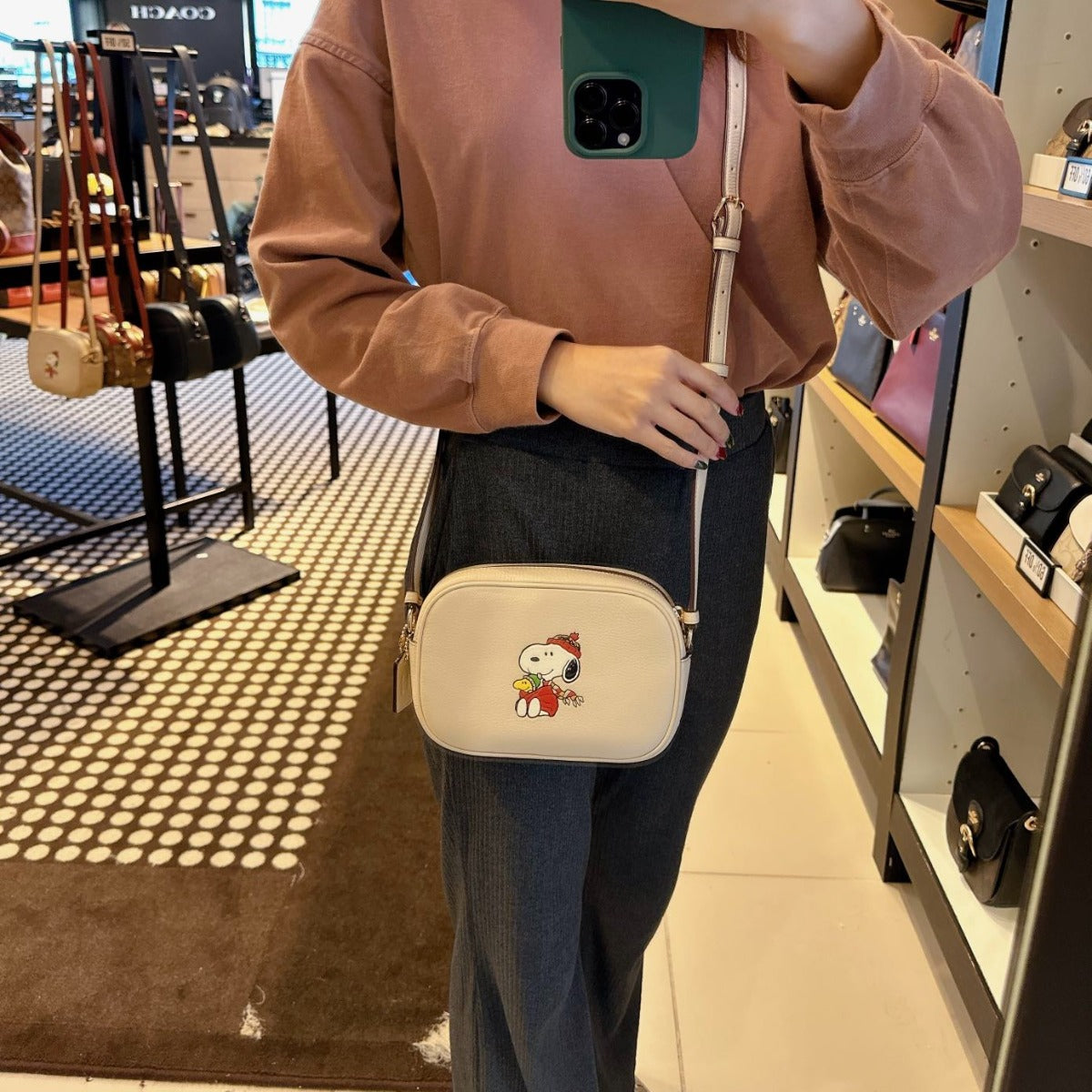 Coach CF249 Coach X Peanuts Mini Jamie Camera Bag With Snoopy In Gold/Ivory Multi Coach CF249 Coach X Peanuts Mini Jamie Camera Bag With Snoopy In Gold/Ivory Multi